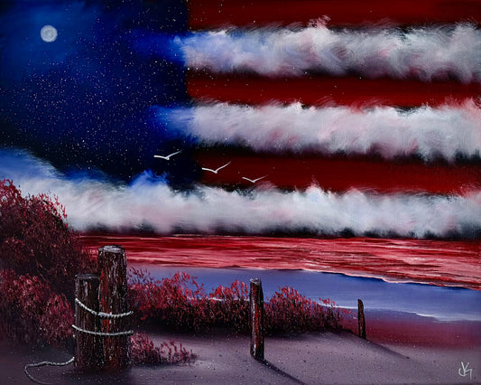 Painting #2501 - 16x20" Canvas - American Flag Seascape painted 7-3-26