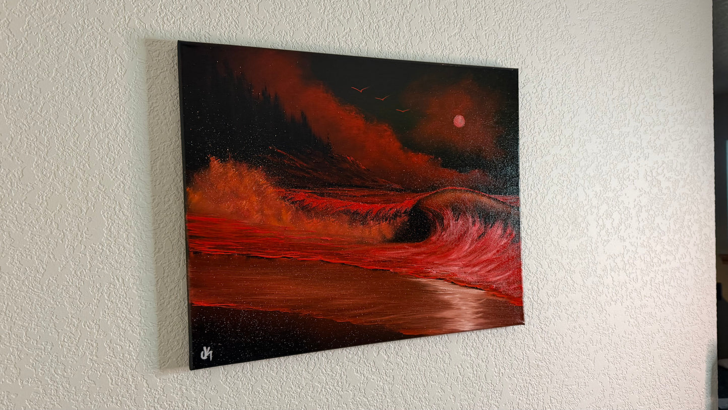 Painting #2510 - 16x20" Canvas - Red West Coast Crashing Wave Seascape painted 7-10-26