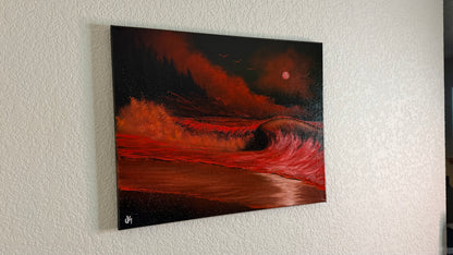 Painting #2510 - 16x20" Canvas - Red West Coast Crashing Wave Seascape painted 7-10-26