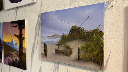 Painting #2423 - 16x20" Canvas - Kite Flying Seascape with Old Row Boat painted 5-2-26