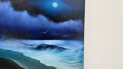 Painting #2540 - 16x20" Canvas -  Lunar Abyss - Night Seascape painted 8-5-26