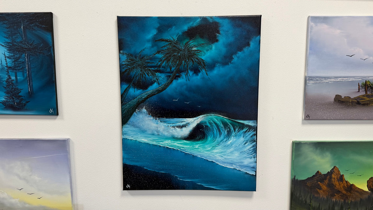 Painting #2570 - 22x28" Canvas - Cloud Stairway Crashing Wave Palm Tree Seascape painted on 8-28-26
