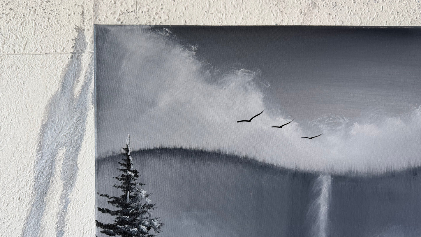 Painting #2489 - 18x24" Canvas - Black and White Mountain Waterfall painted 6-15-26