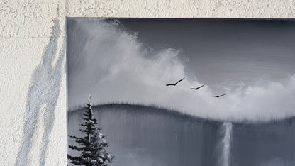 Painting #2489 - 18x24" Canvas - Black and White Mountain Waterfall painted 6-15-26