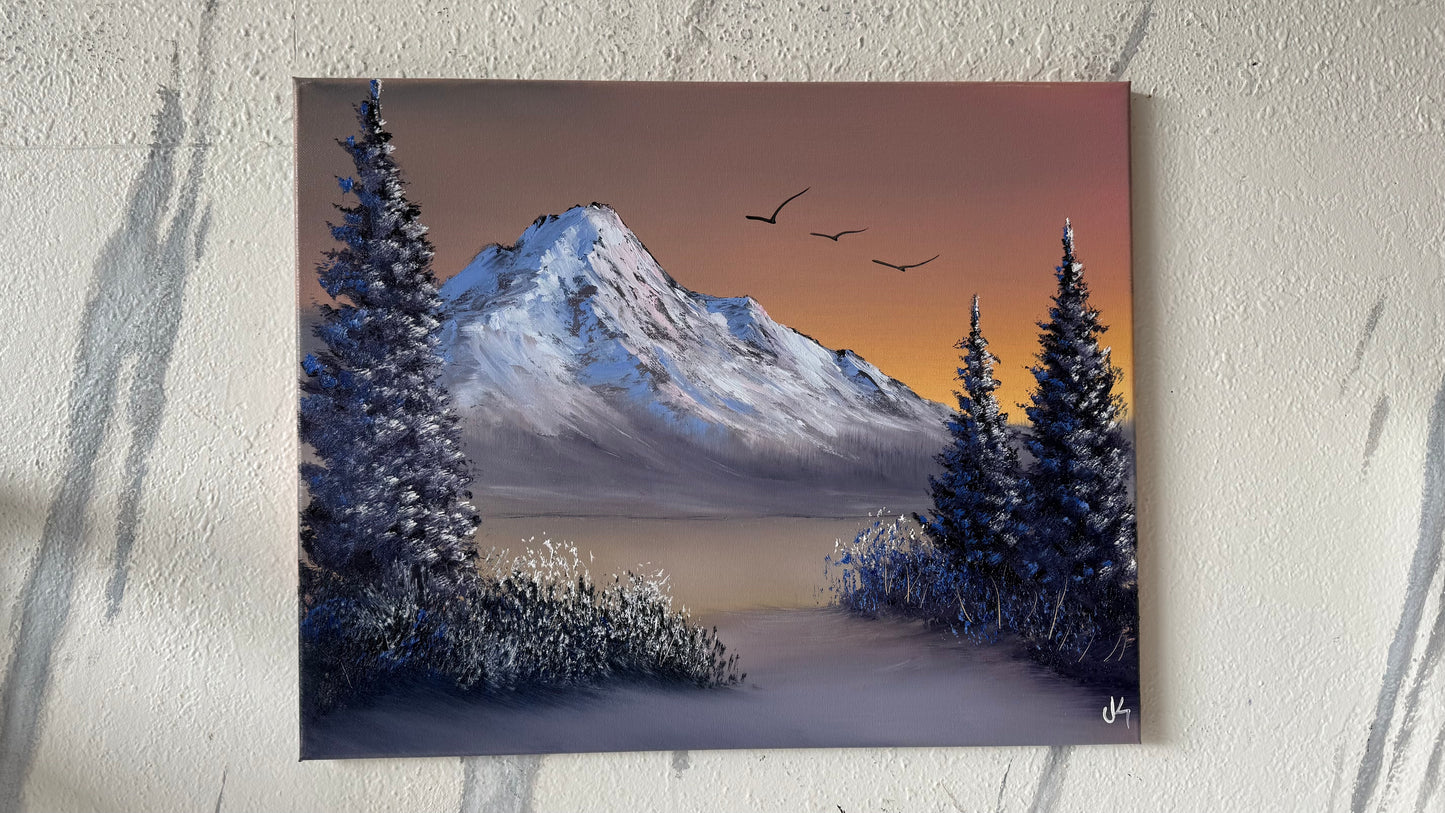 Painting #2145 - 16x20" Canvas - Christmas Tree Mountain Landscape with Fairy Lights painted 11-14-25