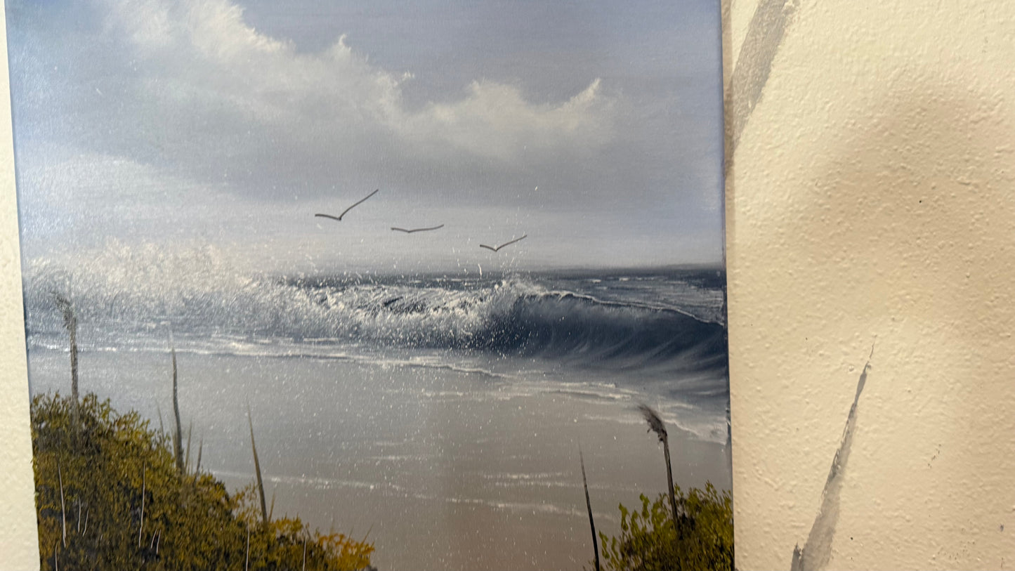 Painting #2321 - 16x20" Canvas - Crashing Wave Cattails Seascape painted 3-7-26