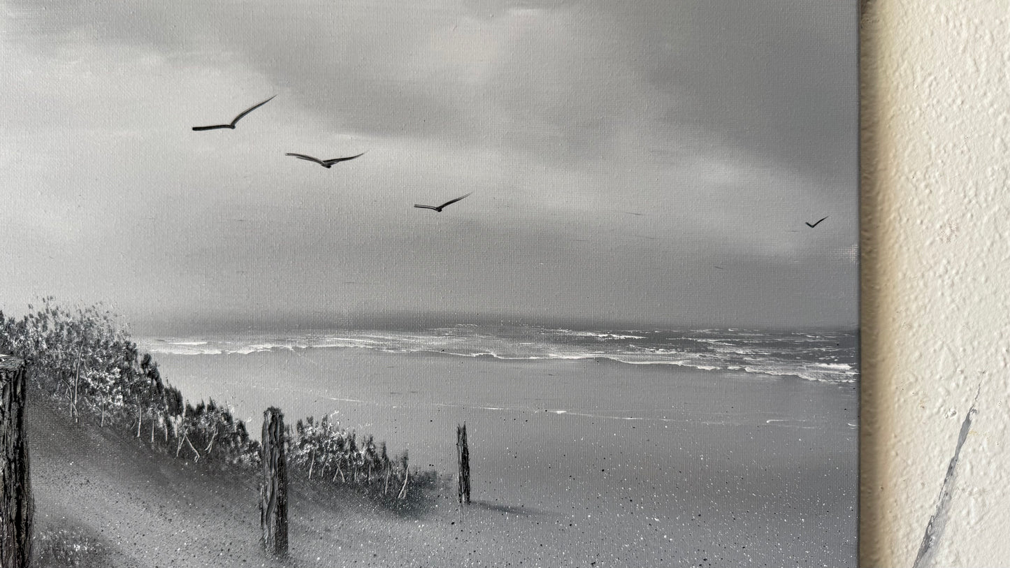 Painting #2449 - 16x20" Canvas - Black and White Seascape painted 5-21-26