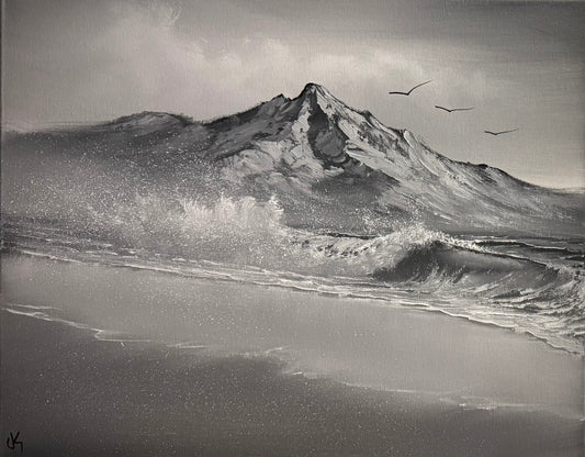 Painting #2278 - 16x20" Canvas - Black and White Mountain Seascape painted 2-7-26