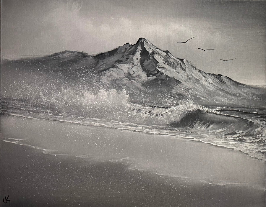 Painting #2278 - 16x20" Canvas - Black and White Mountain Seascape painted 2-7-26