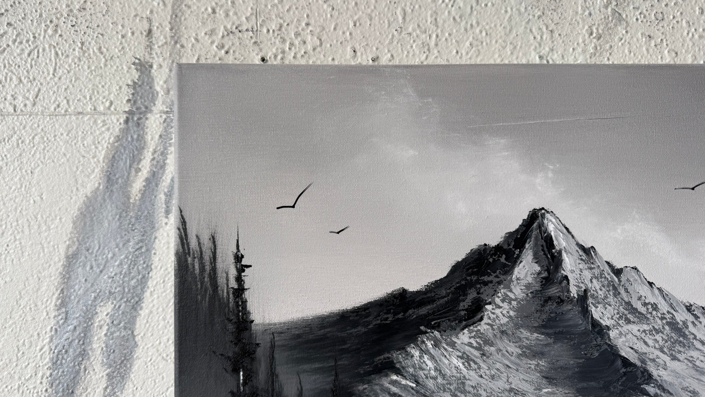 Painting #2430 - 16x20" Canvas - Black and White Mountain Landscape painted 5-6-26
