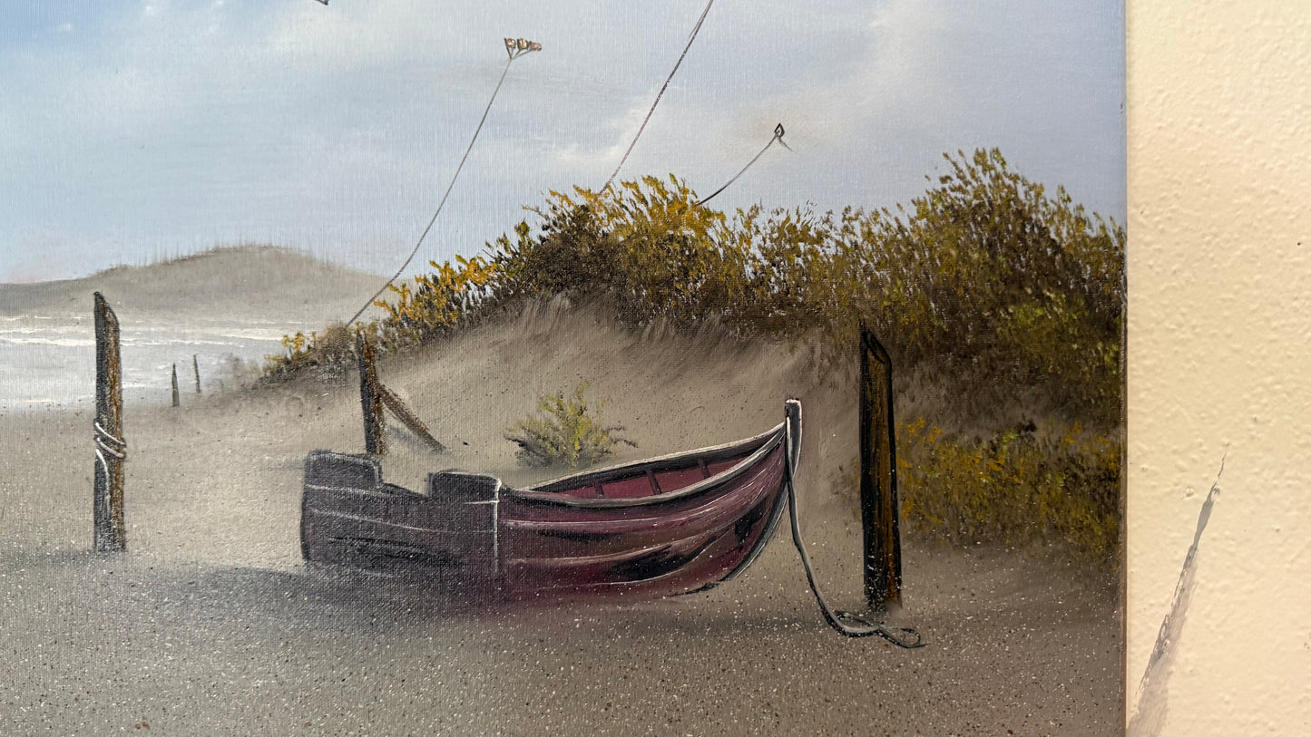 Painting #2421 - 16x20" Canvas - Kite Flying Seascape with Old Row Boat painted 5-1-26