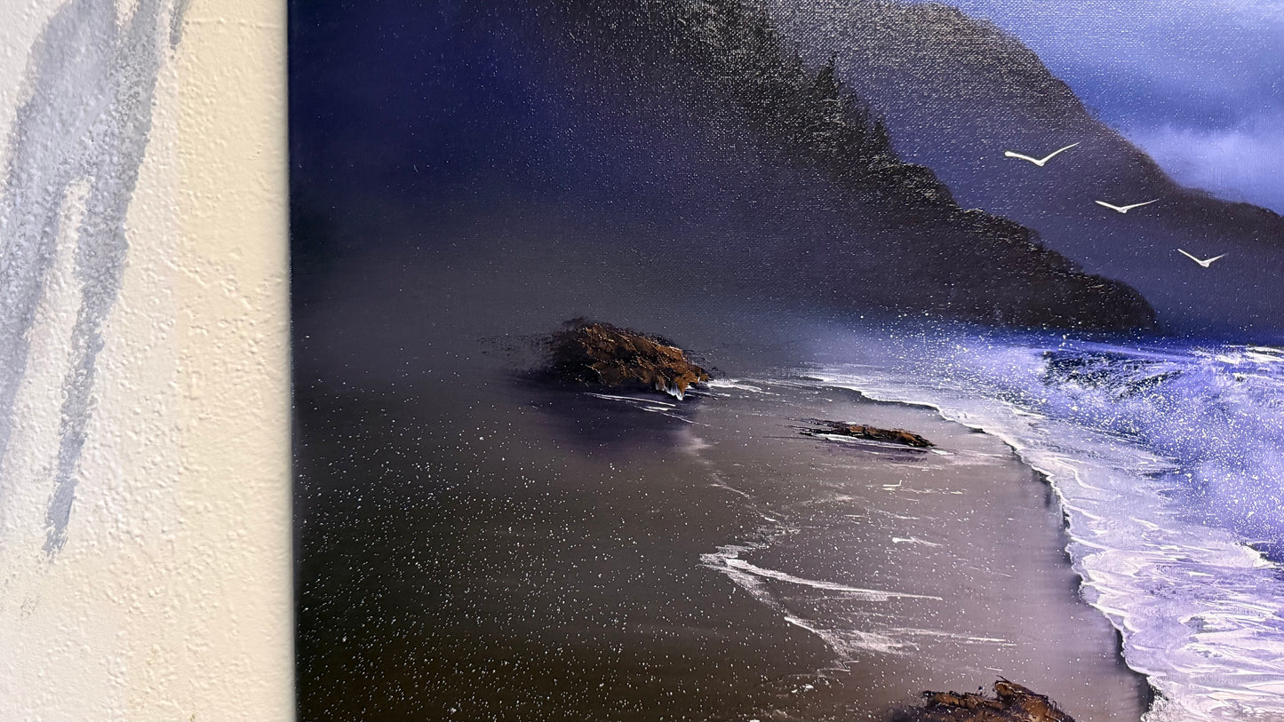Painting #2093 - 18x24" Canvas - Oregon Coast Night Seascape painted 10-9-25