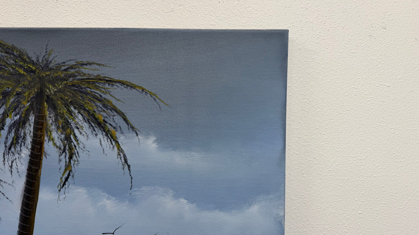 Painting #2564 - 16x20" Canvas - Tropical Palm Tree Seascape painted 8-22-26