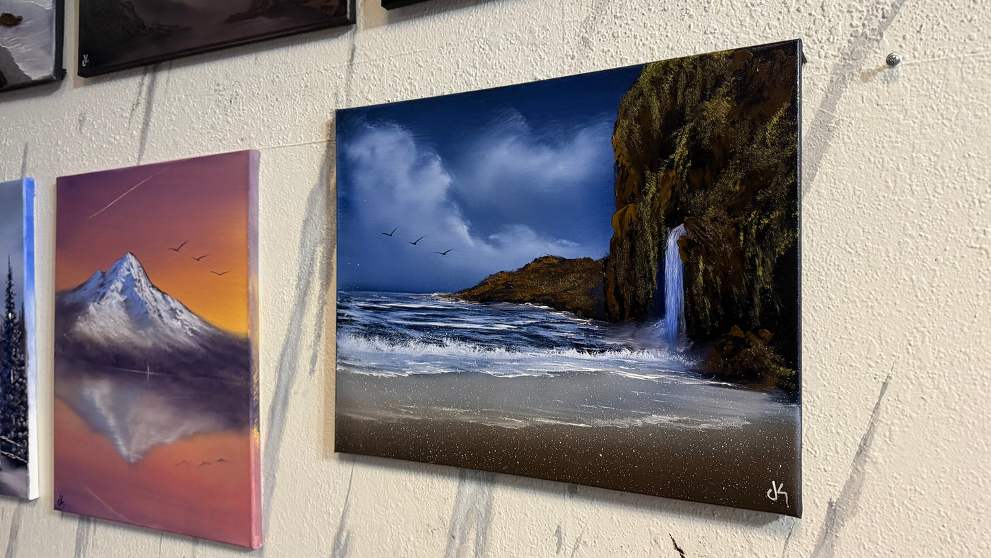 Painting #2237 - 16x20" Canvas - Coastal Waterfall Seascape painted 1-15-26