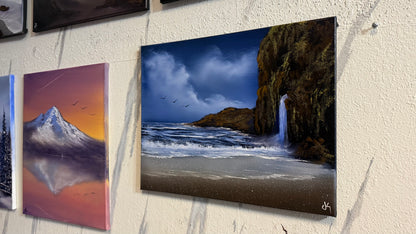 Painting #2237 - 16x20" Canvas - Coastal Waterfall Seascape painted 1-15-26