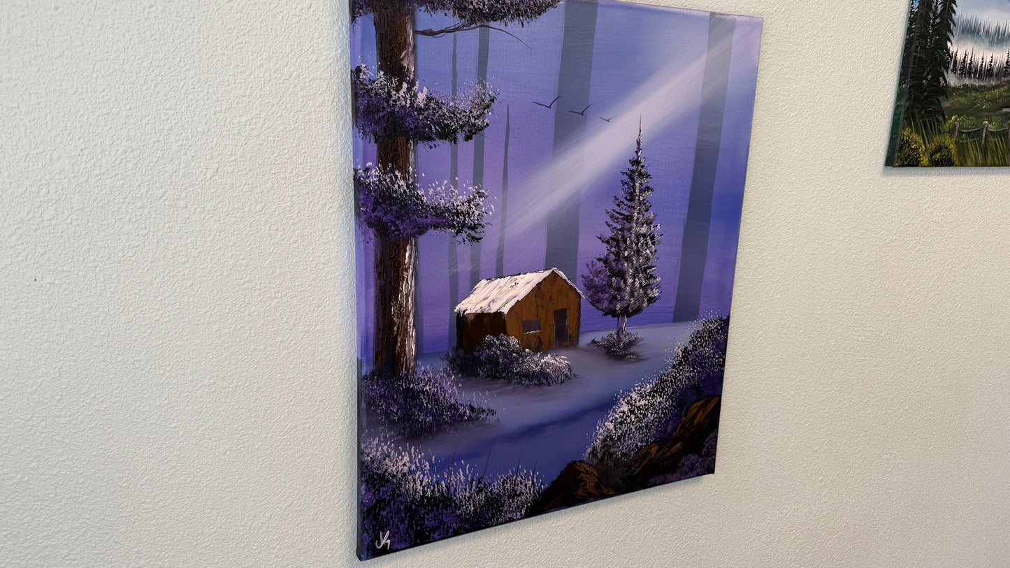 Painting #2108 - 20x24" Canvas - Cabin in the Woods painted 10-18-25