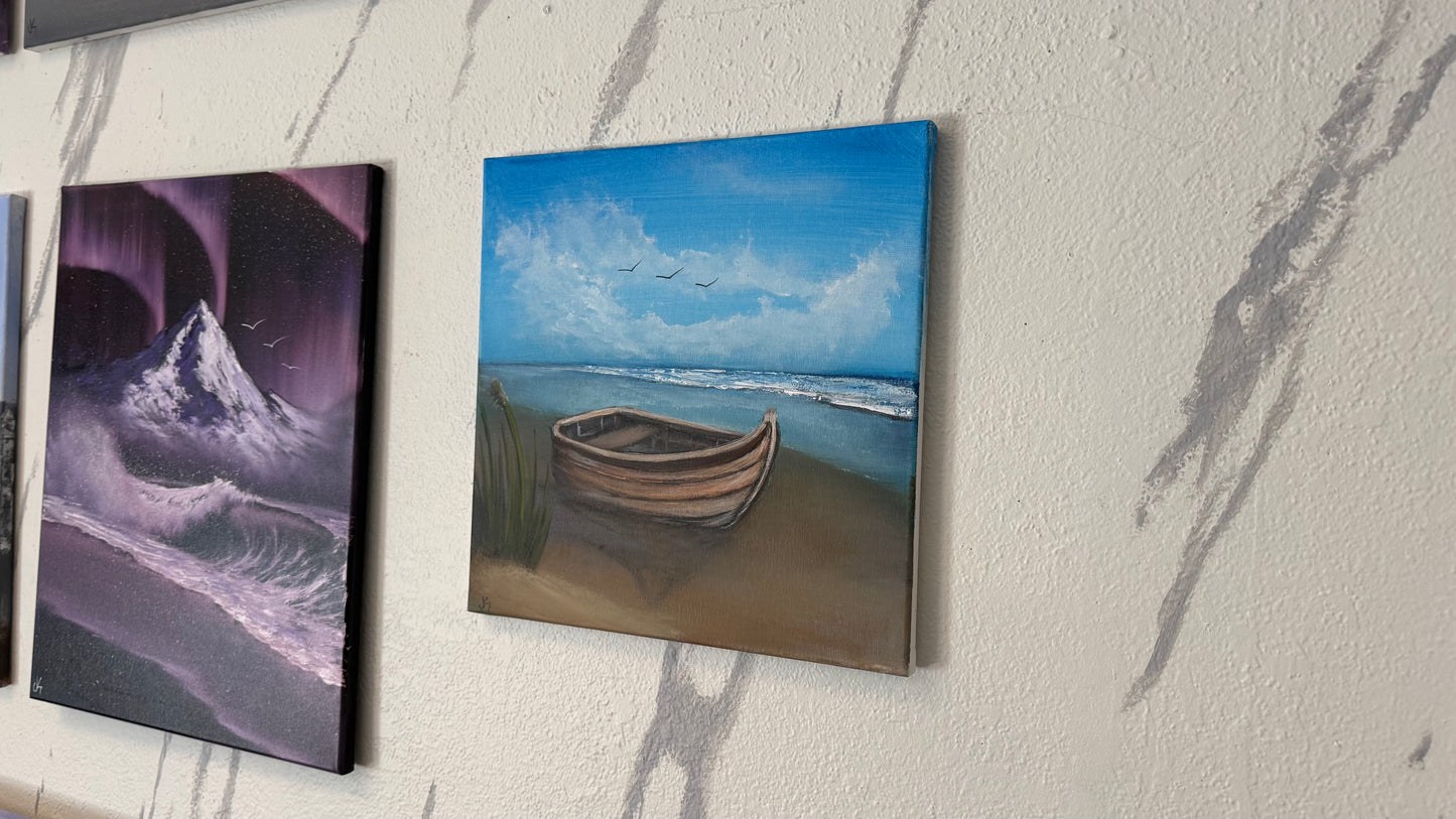 Painting #2369 - 14x14" Canvas - Row Boat Seascape painted 4-1-26