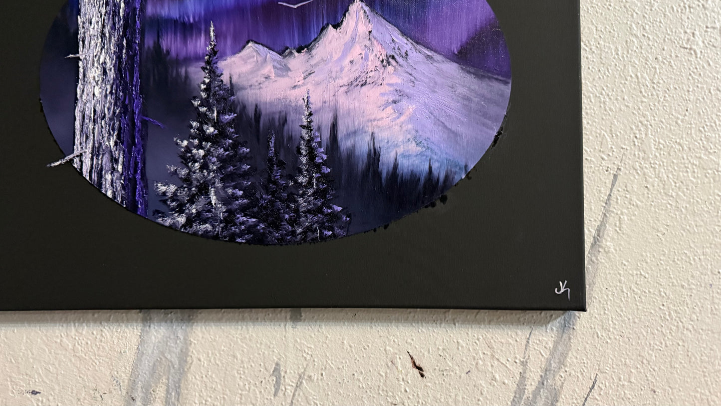 Painting #2353 - 16x20" Canvas - Oval Northern Lights Mountain painted 3-23-26