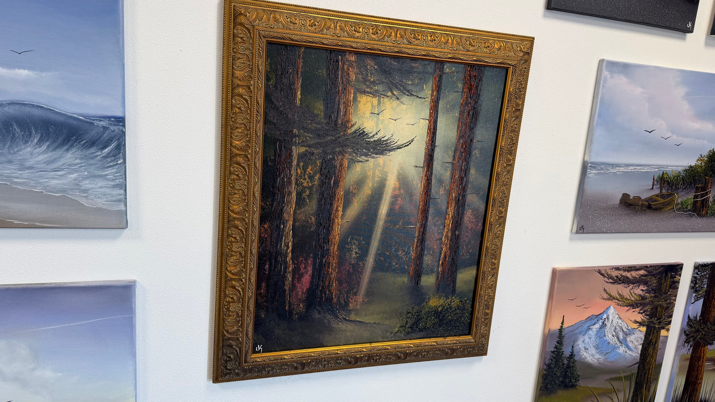 Painting #2521 - 20x24" Gold Framed Canvas - Sunset Forest Landscape painted 7-20-26