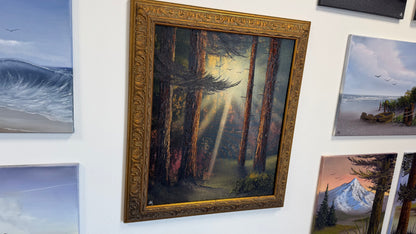 Painting #2521 - 20x24" Gold Framed Canvas - Sunset Forest Landscape painted 7-20-26