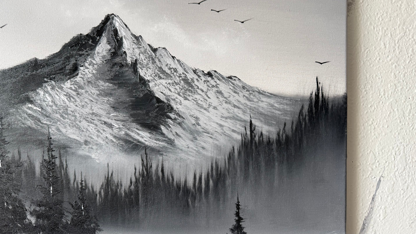 Painting #2430 - 16x20" Canvas - Black and White Mountain Landscape painted 5-6-26