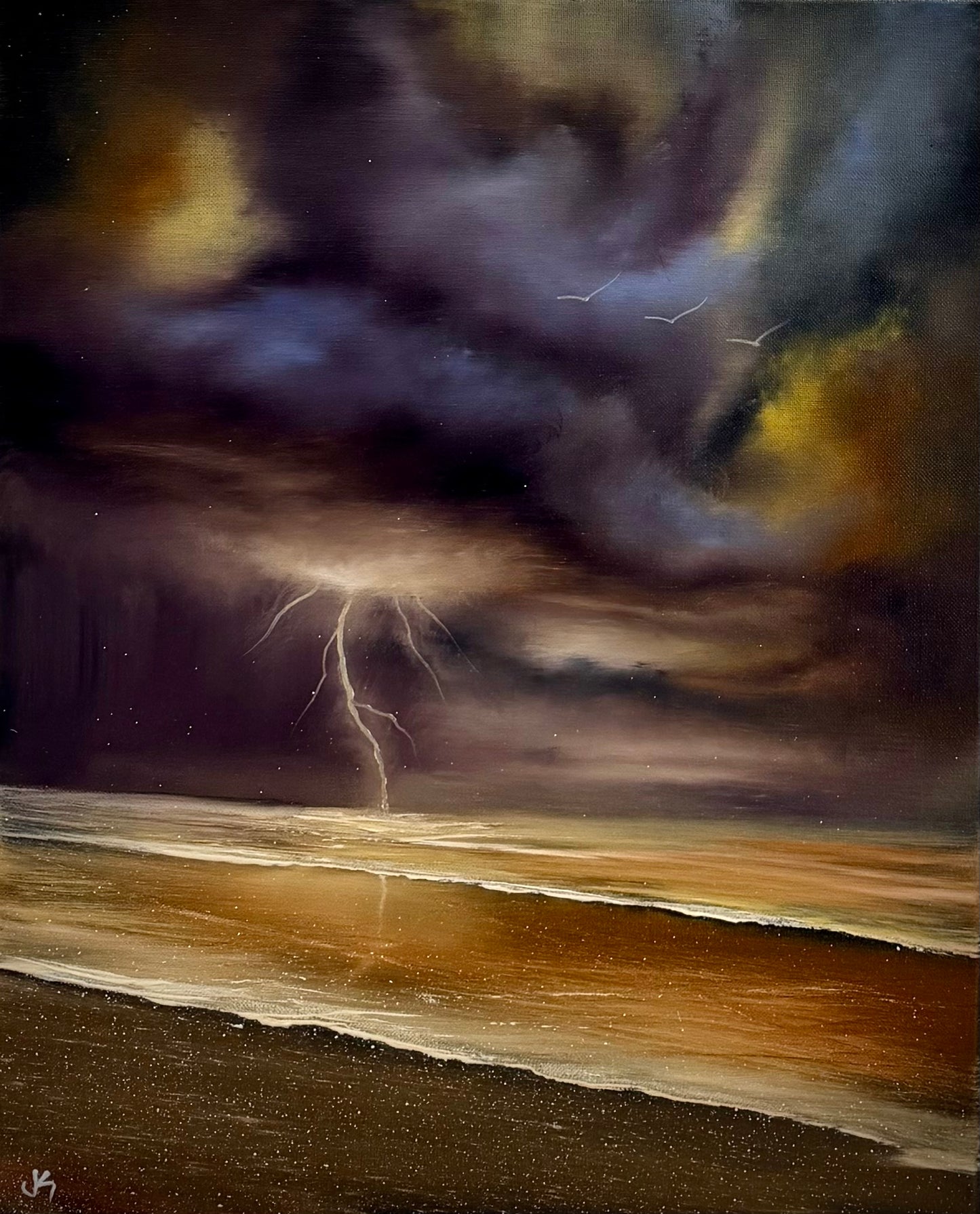 Painting #2590 - 16x20" Canvas - Lightning Thunderstorm Seascape painted 9-9-26