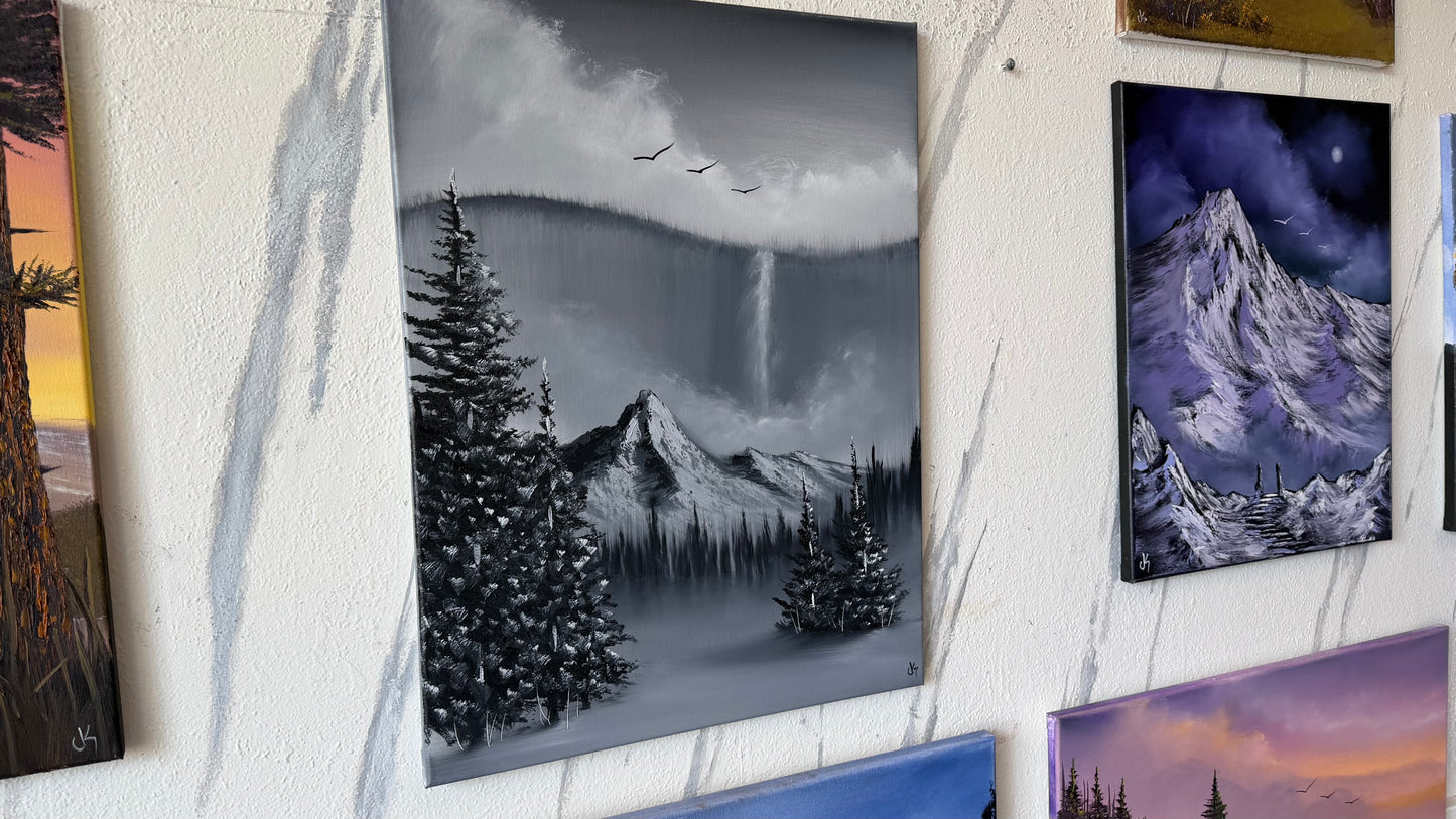 Painting #2489 - 18x24" Canvas - Black and White Mountain Waterfall painted 6-15-26