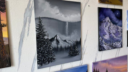 Painting #2489 - 18x24" Canvas - Black and White Mountain Waterfall painted 6-15-26