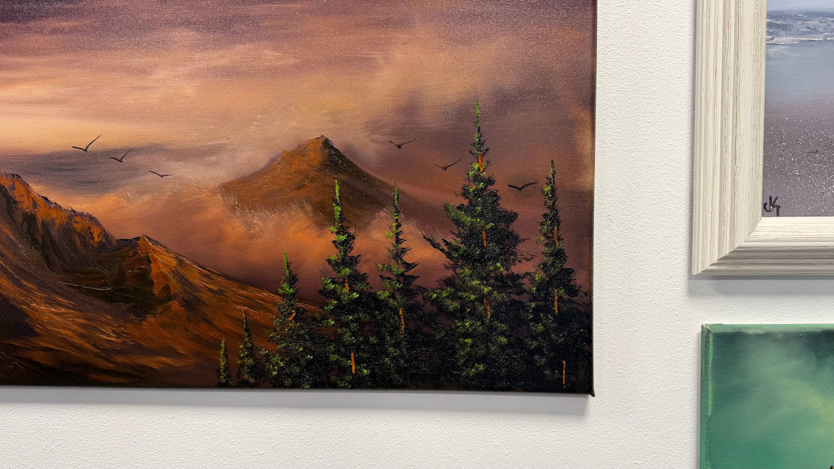 Painting #2606 - 22x28" Canvas - Dramatic Sunset Mountain Landscape painted 9-18-26