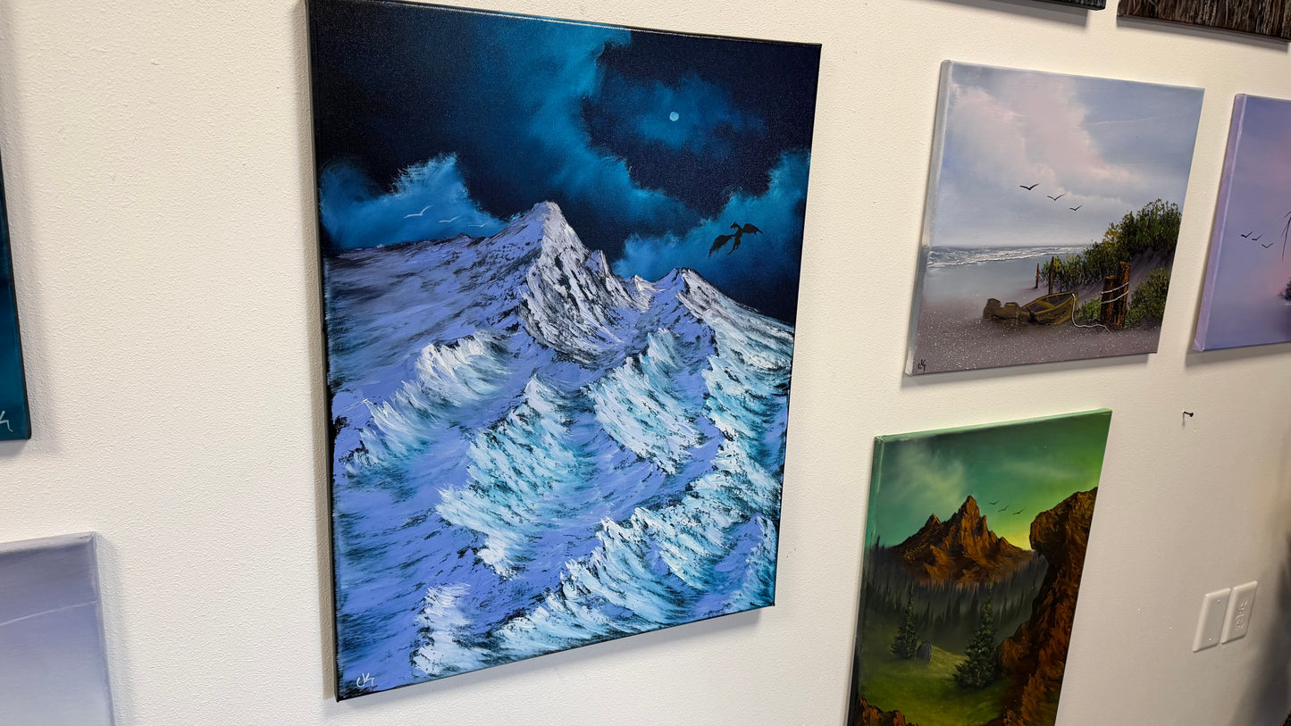 Painting #2578 - 22x28" Canvas - Dramatic Mountain Landscape with Dragon silhouette painted 9-3-26