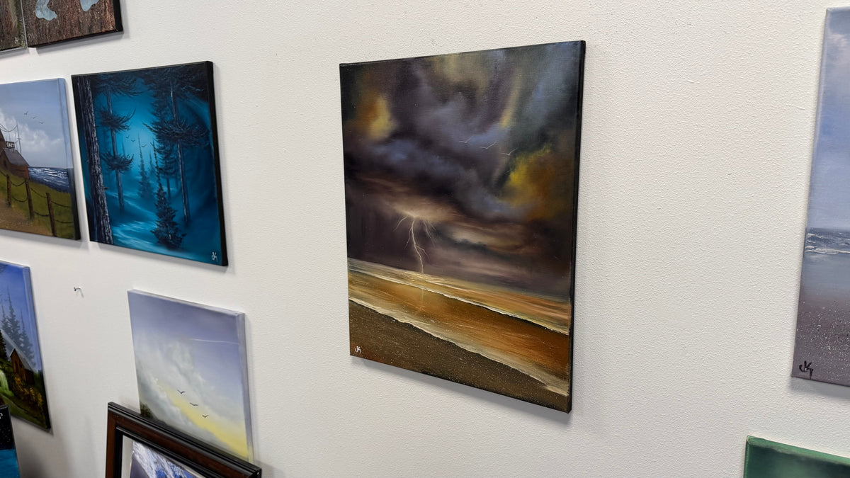 Painting #2590 - 16x20" Canvas - Lightning Thunderstorm Seascape painted 9-9-26