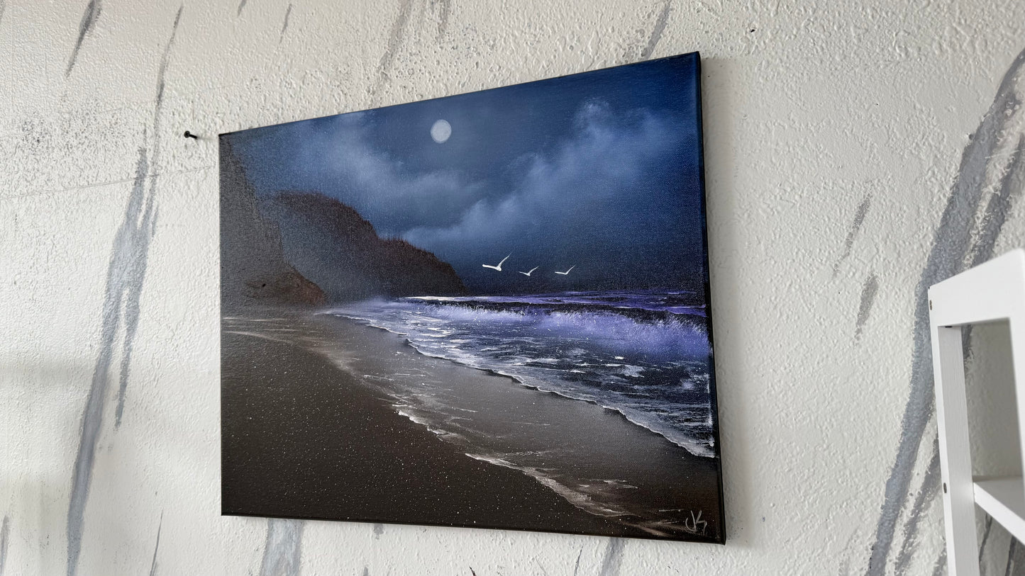 Painting #2094 - 16x20" Canvas - Night Oregon Coast Seascape painted 10-10-25