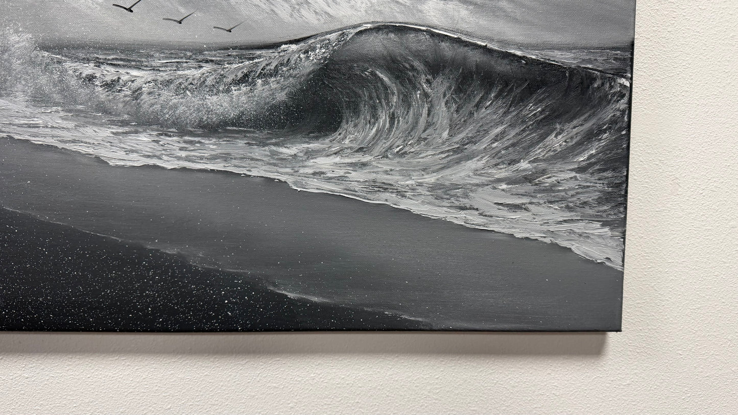 Painting #2536 - 20x24" Canvas - Black and White Mountain Seascape painted 7-31-26