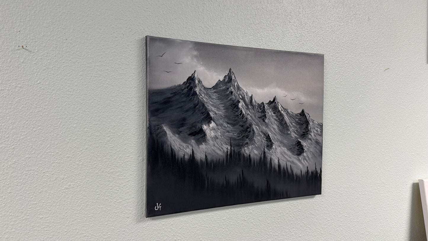 Painting #2563 - 16x20" Canvas - Black and White Mountain Landscape painted 8-23-26