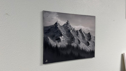 Painting #2563 - 16x20" Canvas - Black and White Mountain Landscape painted 8-23-26