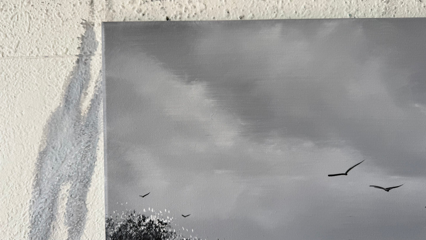 Painting #2449 - 16x20" Canvas - Black and White Seascape painted 5-21-26