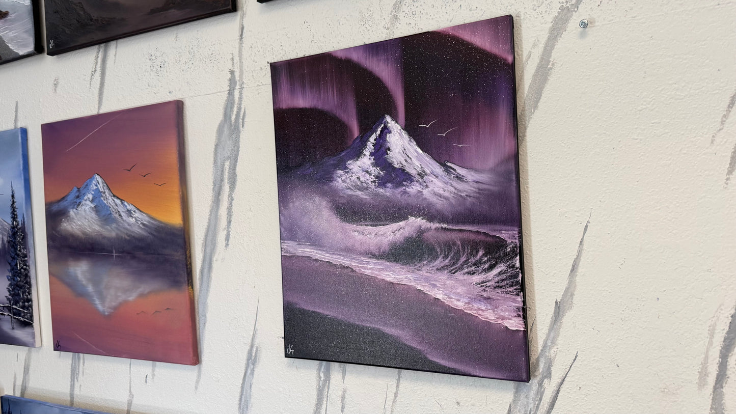 Painting #2256 - 16x20" Canvas - Aurora Mountain Seascape painted 1-25-26