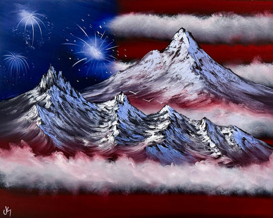 Painting #2503 - 16x20" Canvas - American Flag Landscape painted by Josh and Dani on 7-4-26
