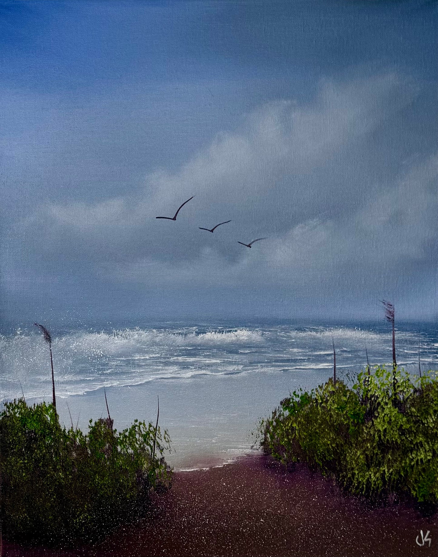 Painting #2104 - 16x20" Canvas - Cattails Seascape painted 10-15-25