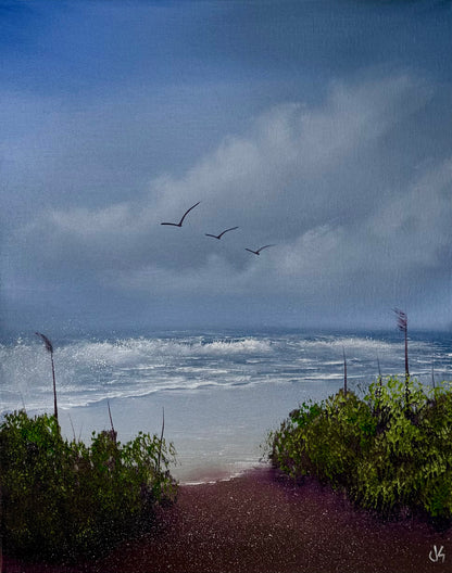 Painting #2104 - 16x20" Canvas - Cattails Seascape painted 10-15-25