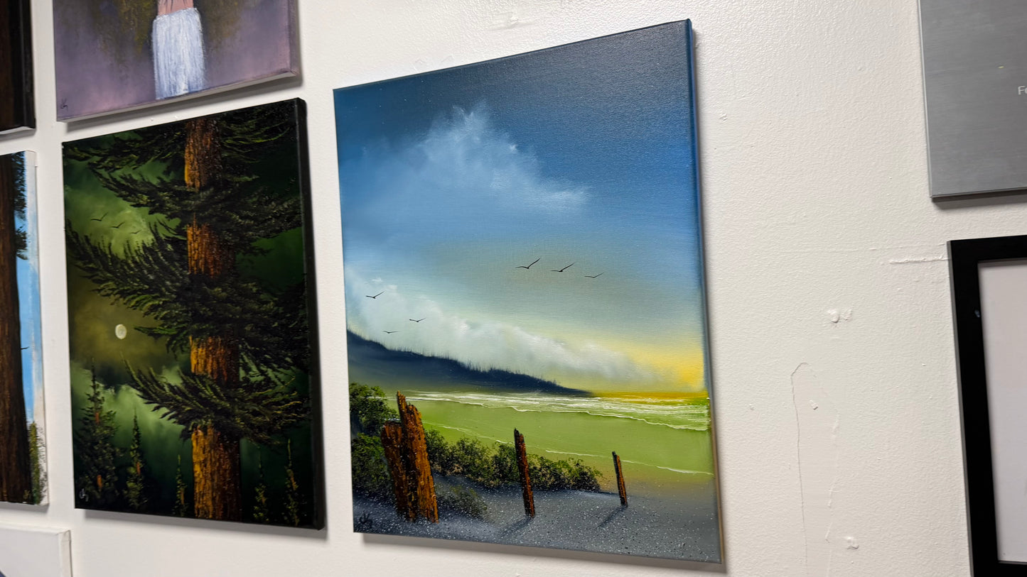 Painting #2513 - 16x20" Canvas - Sunrise Seascape painted 7-12-26