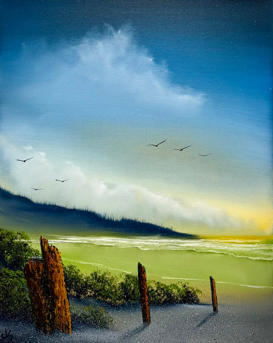 Painting #2513 - 16x20" Canvas - Sunrise Seascape painted 7-12-26