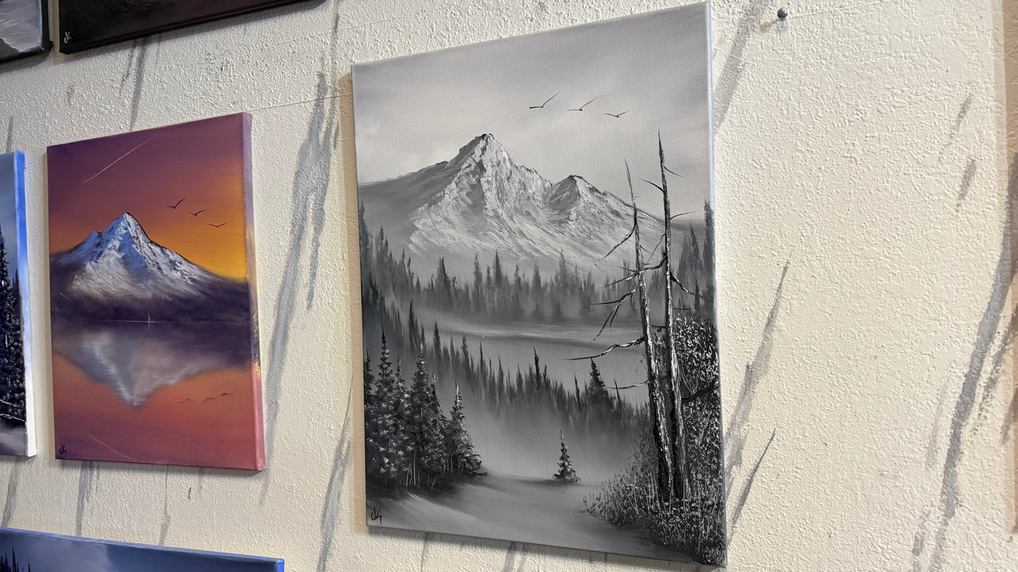 Painting #2247 - 18x24" Canvas - Black and White Mountain Landscape painted 1-19-26