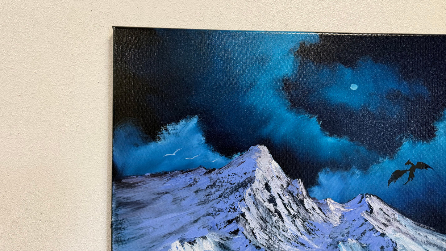 Painting #2578 - 22x28" Canvas - Dramatic Mountain Landscape with Dragon silhouette painted 9-3-26
