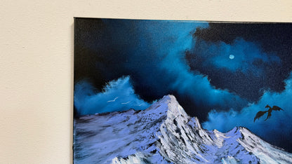 Painting #2578 - 22x28" Canvas - Dramatic Mountain Landscape with Dragon silhouette painted 9-3-26