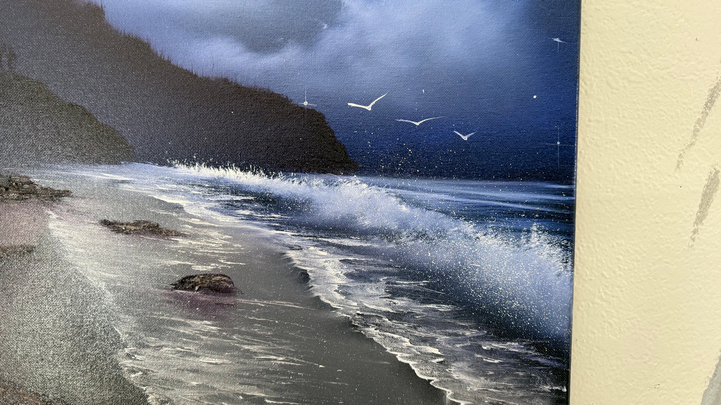 Painting #2100 - 16x20" Canvas - Night Rocky Seascape painted 10-13-25