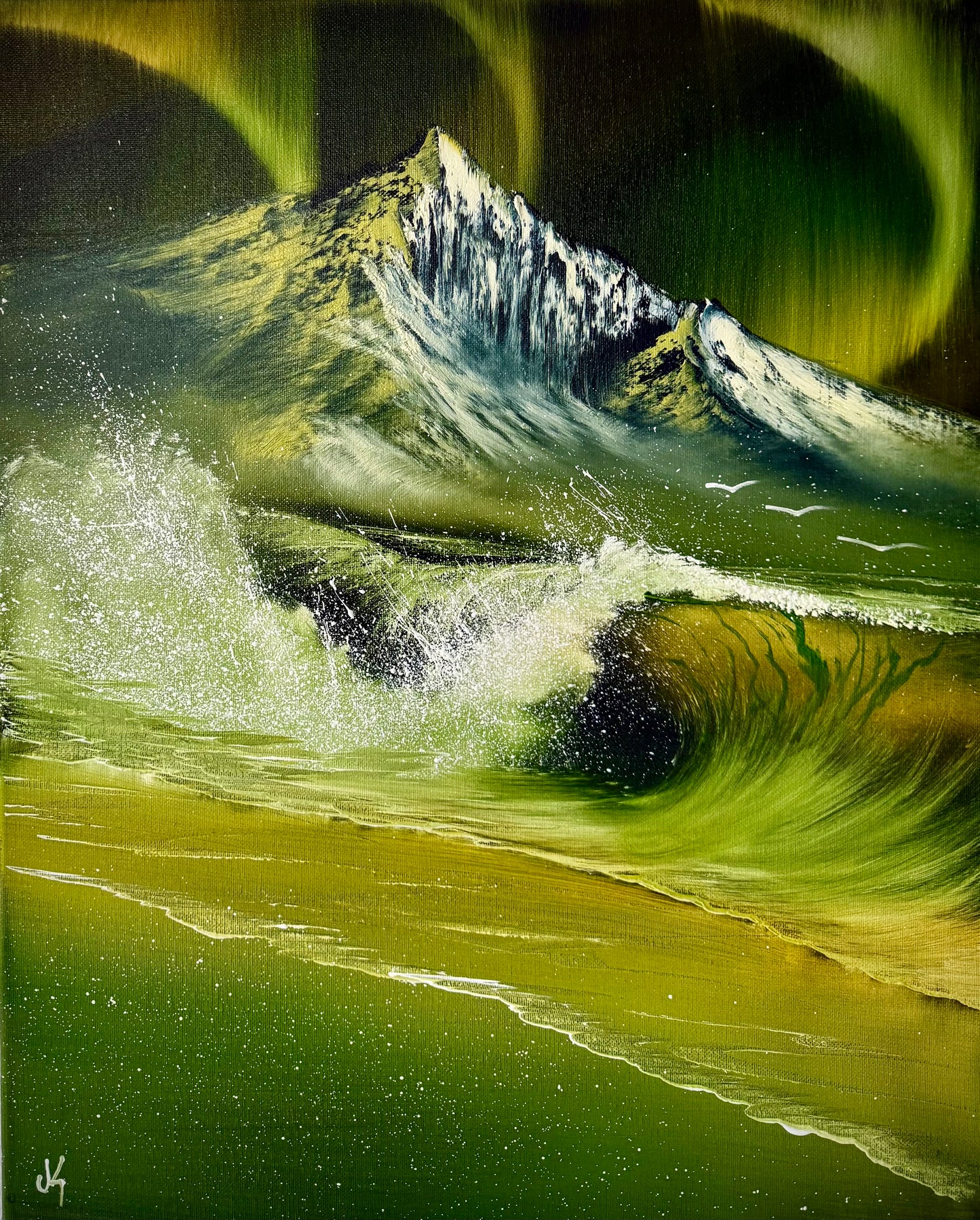 Painting #1889 - 16x20" Canvas - Aurora Mountain Seascape painted 6-12-25