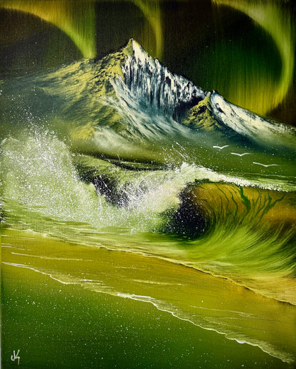 Painting #1889 - 16x20" Canvas - Aurora Mountain Seascape painted 6-12-25