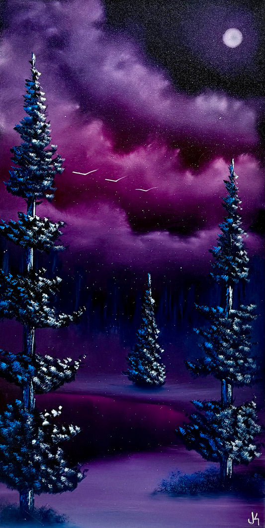 Painting #1673 - 15x30" Pro Series Canvas Winter Lake Landscape painted 1/25/25