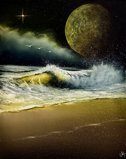 Painting #2251 - 16x20" Canvas - Full Moon Seascape painted 1-22-26
